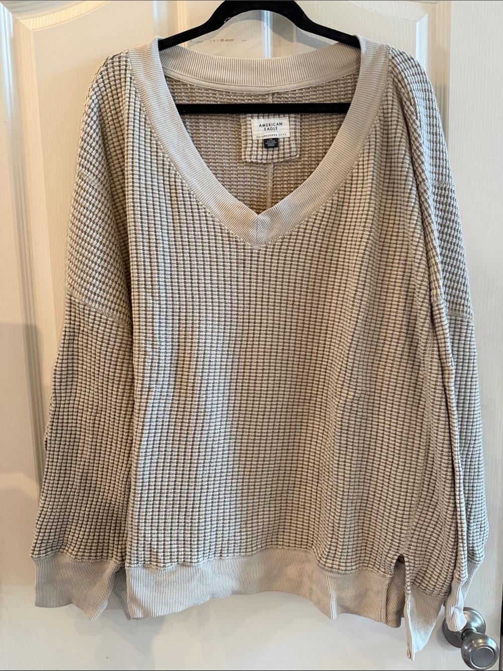 American Eagle Outfitters Cream Big Hug Waffle Knit V-Neck